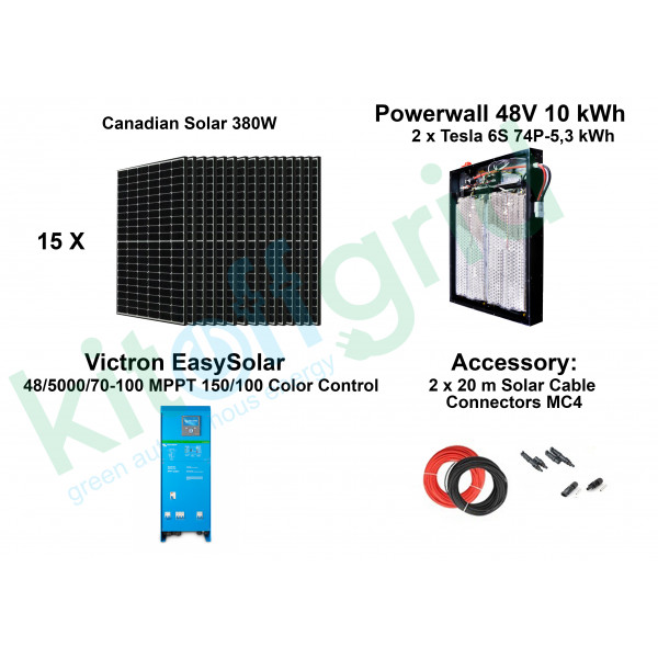 5kW OffGrid Photovoltaic Kit with 10 kWh Tesla S Li-Ion Battery